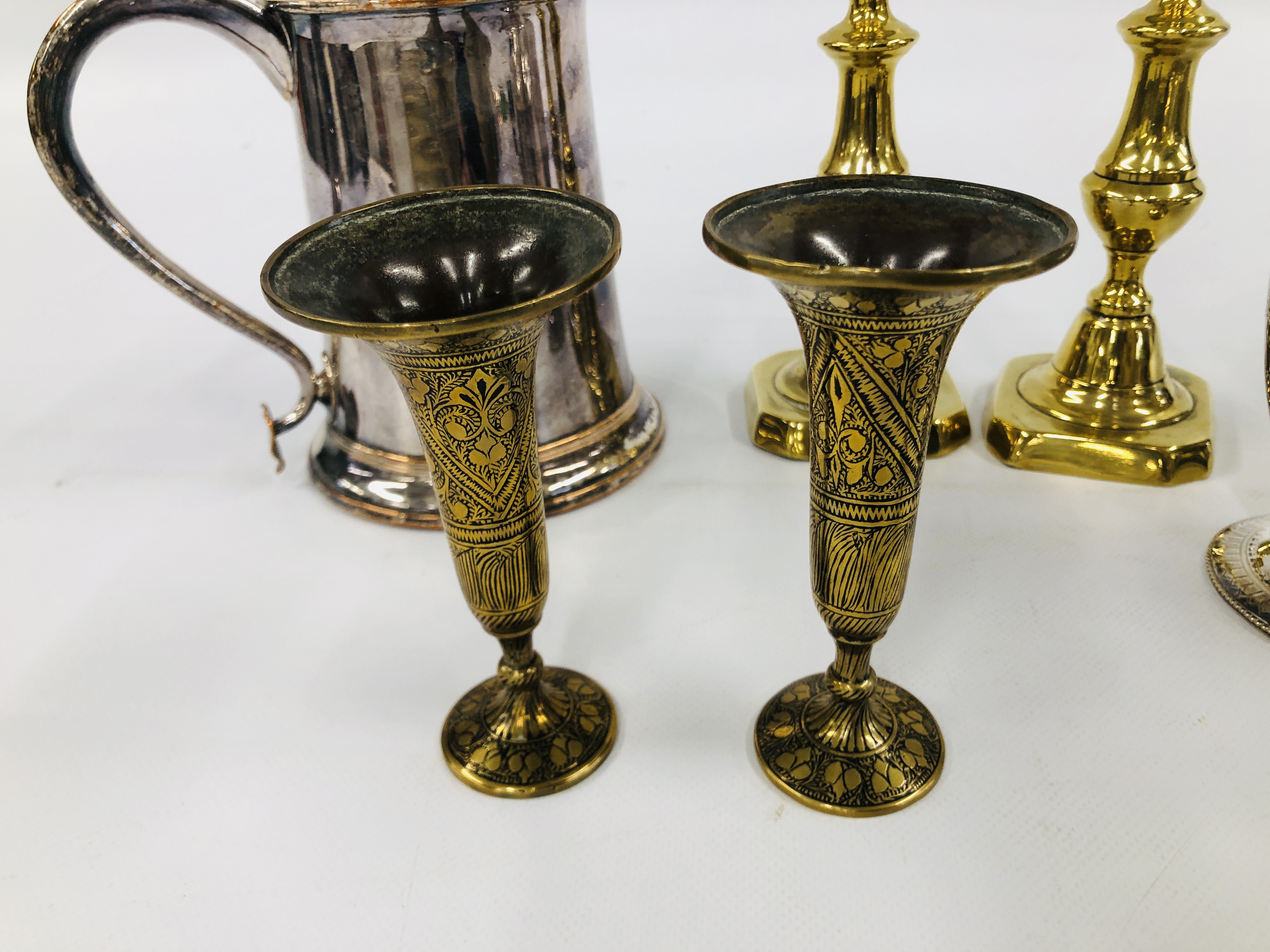 A PAIR OF BRASS CANDLE STICKS ALONG WITH A PAIR OF BRASS AND COPPER FLUTE VASES, LARGE SILVER PLATE, - Image 7 of 9