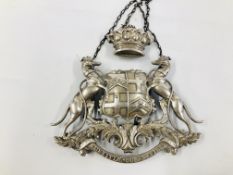 AN ANTIQUE COACH BUILDERS COAT OF ARMS WITH JUSTITIE SOROR FIDES (FAITH IS THE SISTER OF JUSTICE)