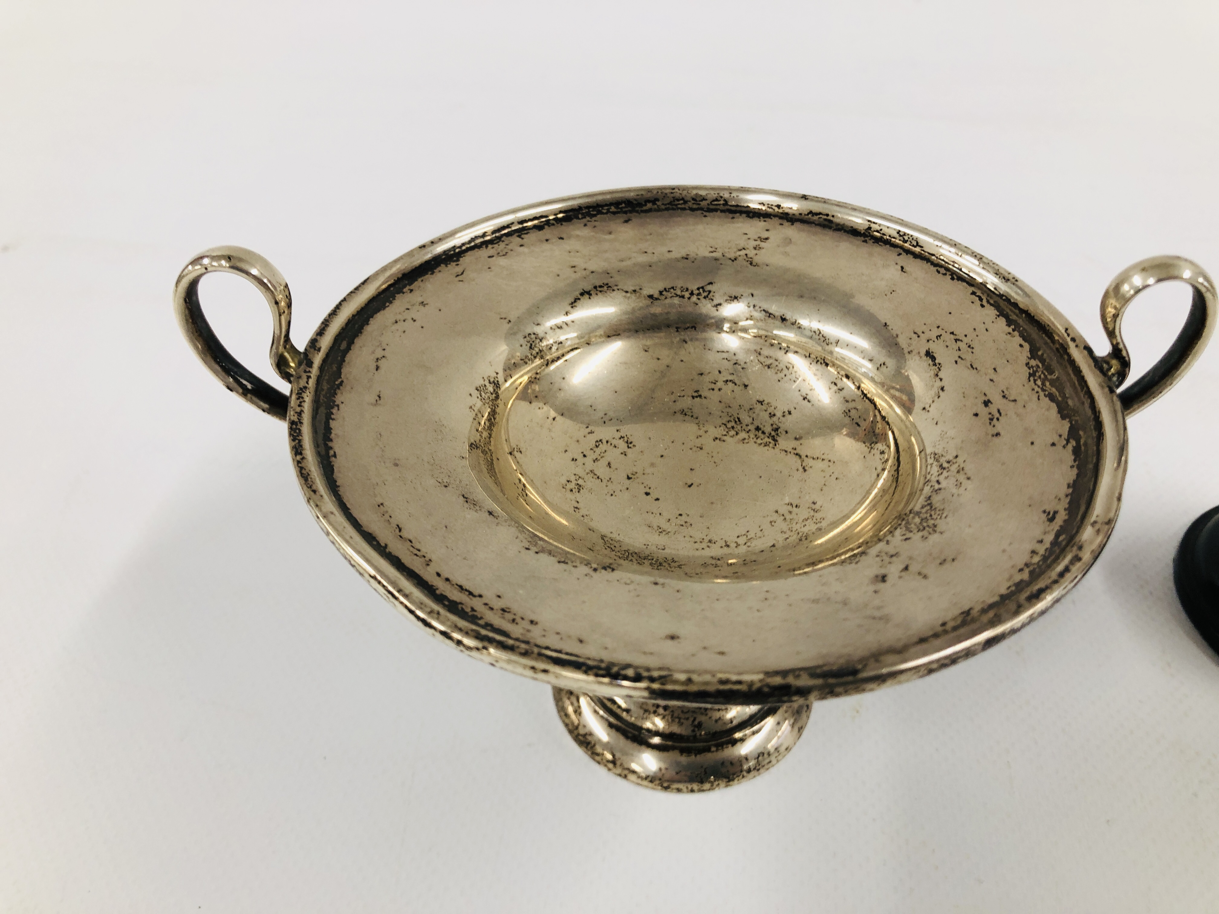 SILVER TWO HANDLED TROPHY CUP, BIRMINGHAM ASSAY ALONG WITH A VINTAGE SILVER PEDESTAL DISH / COMPOTE, - Image 3 of 14