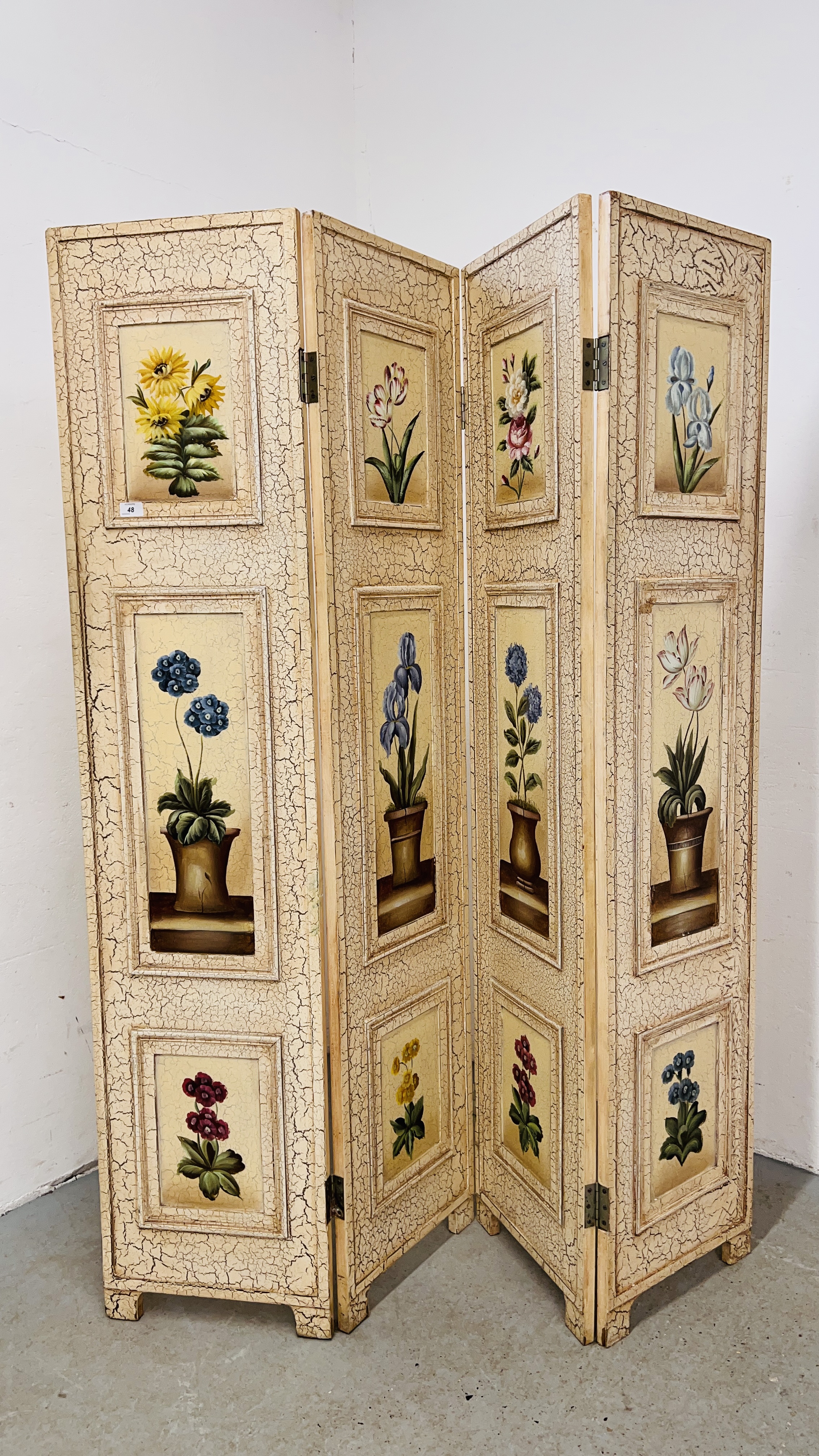 A FOUR FOLD SCREEN DECORATED WITH HAND PAINTED STILL LIFE EACH SECTION 180CM. X 40CM.