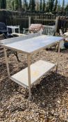 A STAINLESS STEEL TWO TIER PREPARATION TABLE, LENGTH 107CM.
