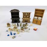 THREE MINIATURE DOLLS HOUSE DRESSERS ALONG WITH A COLLECTION OF MINIATURE COMPOSITE AND CHINA