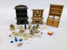 THREE MINIATURE DOLLS HOUSE DRESSERS ALONG WITH A COLLECTION OF MINIATURE COMPOSITE AND CHINA