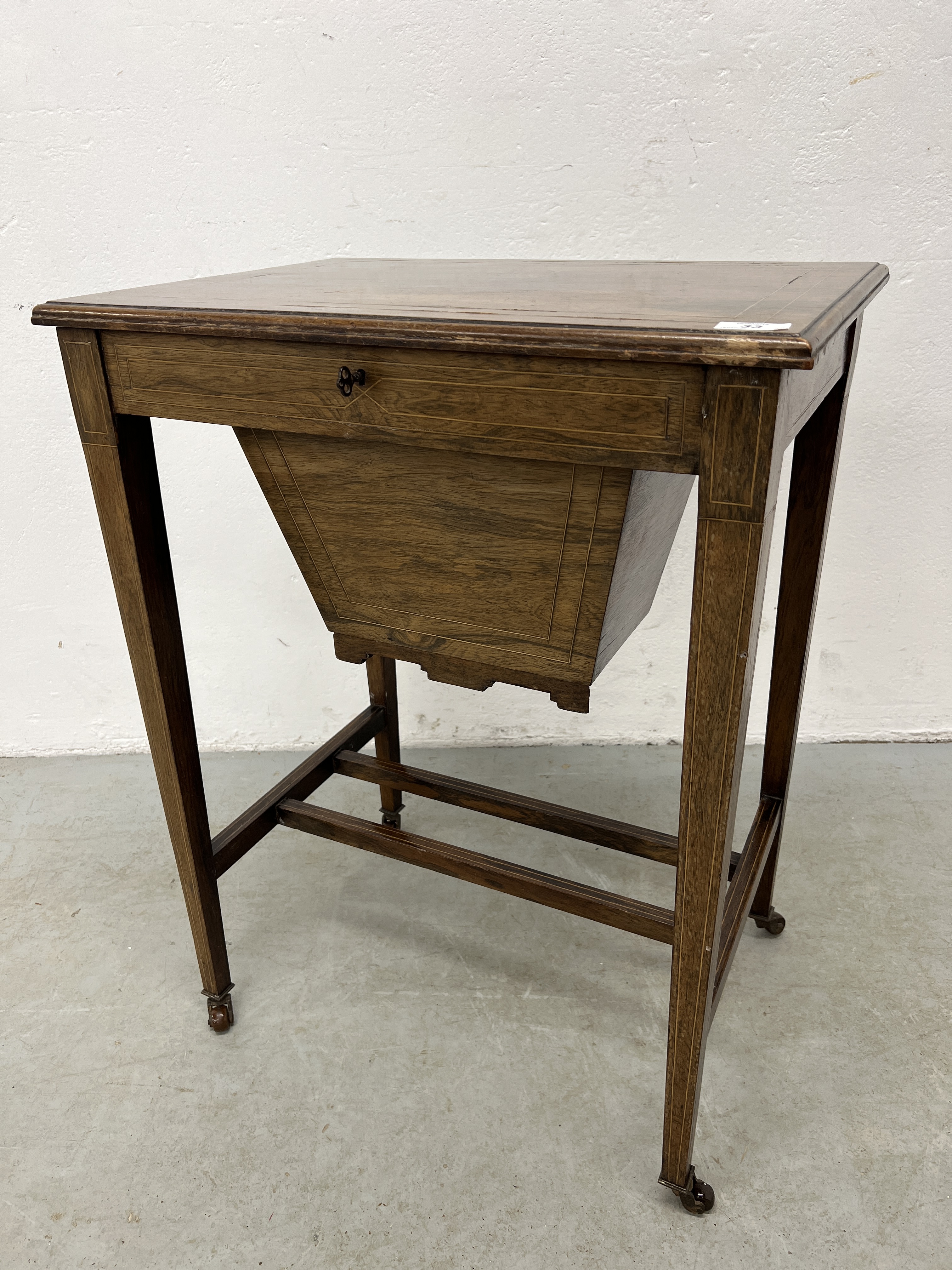 AN EDWARDIAN INLAID MAHOGANY WORK TABLE - W 56CM X D 41CM X 73CM.