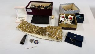 A BOX OF ASSORTED VINTAGE COSTUME JEWELLERY TO INCLUDE SIMULATED PEARLS, KELTON WRIST WATCH A/F,