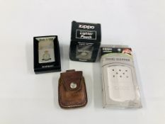 A BOXED LIGHTER MARKED ZIPPO ROYAL AIR FORCE ALONG WITH A BOXED ZIPPO HAND WARMER AND 2 LEATHER