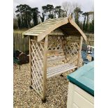 A WOODEN GARDEN ARBOUR SEAT WIDTH 163CM