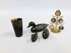 A VINTAGE PHOTO TREE, HORN BEAKER, ALONG WITH A GRADUATED SET OF 3 METAL WORKS DUCKS.