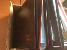 BOX WITH LARGE 6 UP POSTCARD ALBUMS WITH LEAVES (4) ALSO FURTHER SMALLER ALBUMS, BOOKS, CATALOGUE,