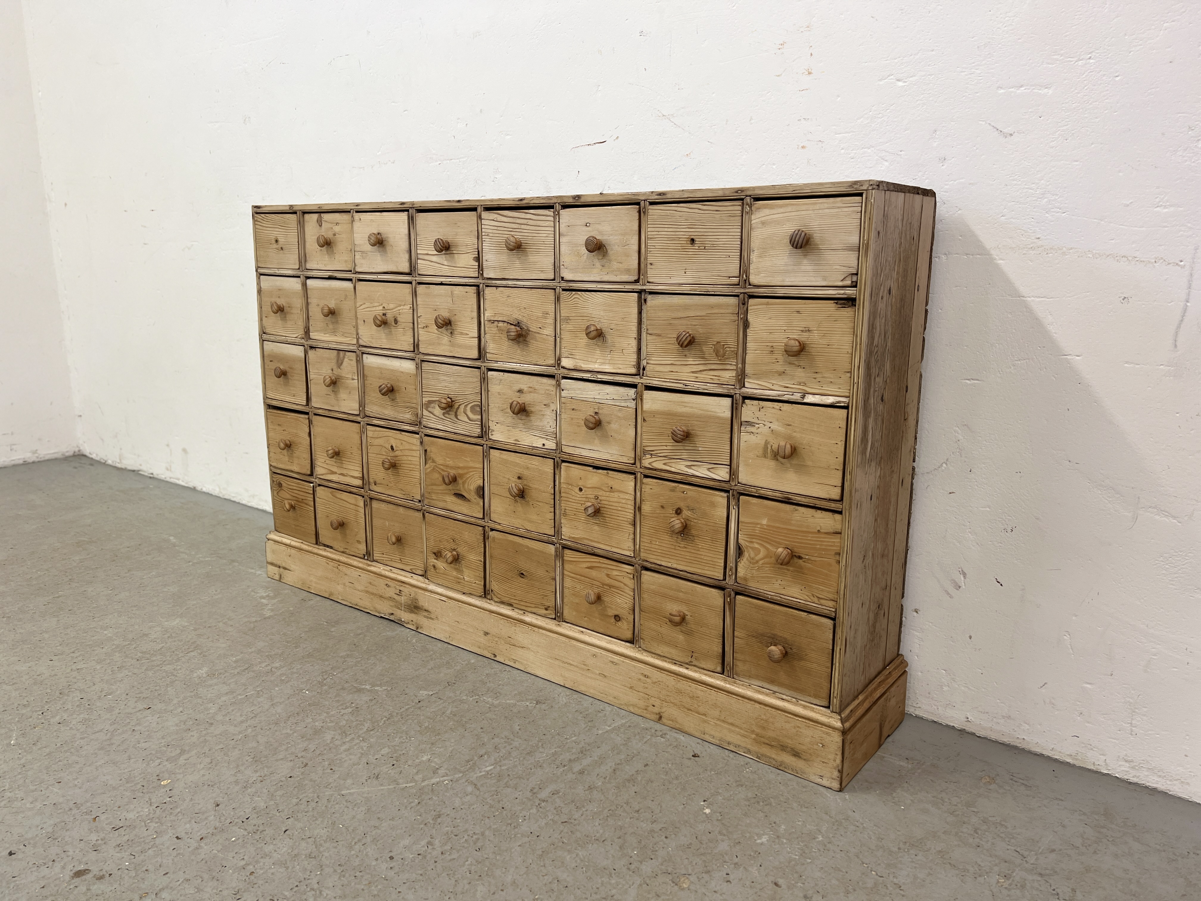 AN ANTIQUE PINE 40 DRAWER APOTHECARY / HABERDASHERY SHOP FITMENT - W 135CM X D 25CM X H 83CM. - Image 3 of 14