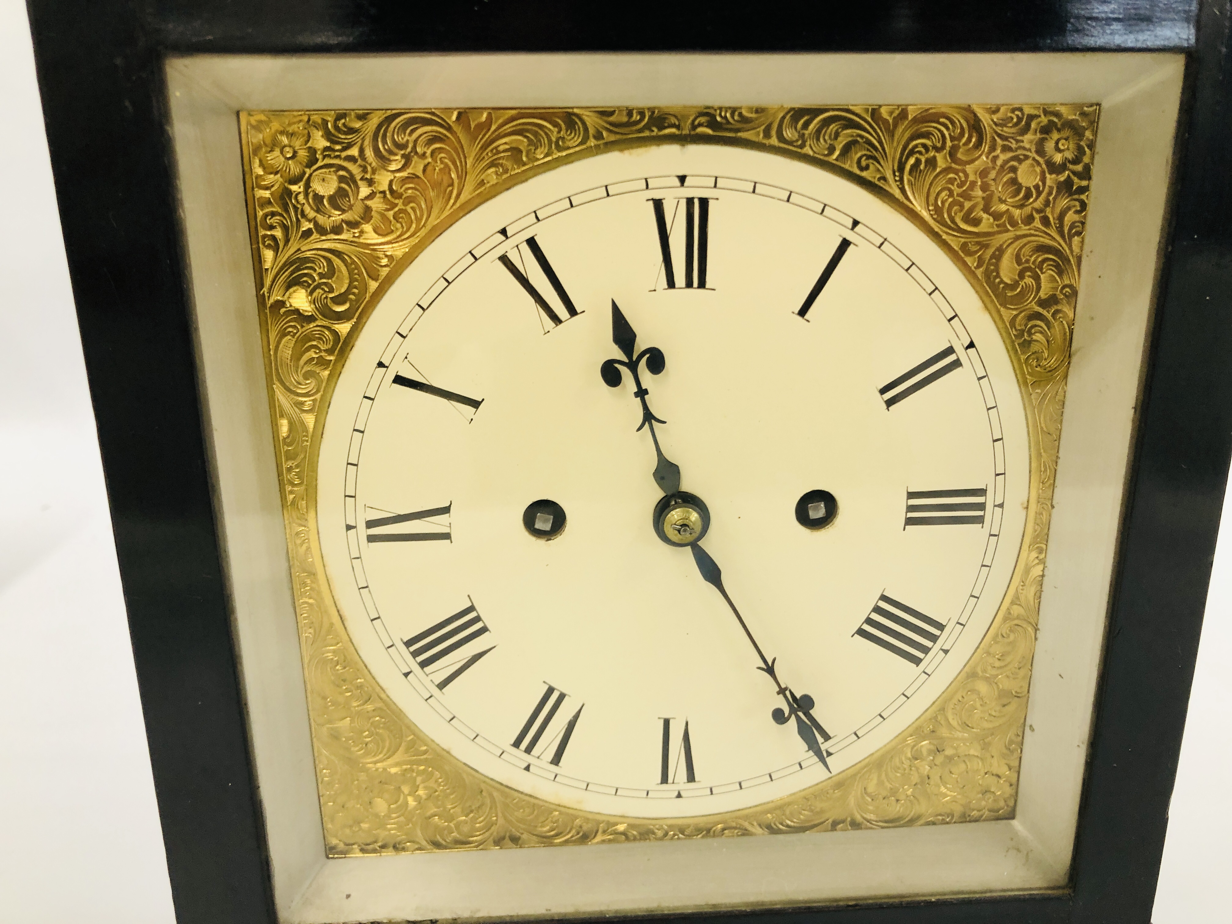 AN EDWARDIAN EBONISED MANTEL CLOCK, THE DOUBLE FUSEE MOVEMENT STRIKING ON A BELL, W 24CM, D 17CM, - Image 2 of 6