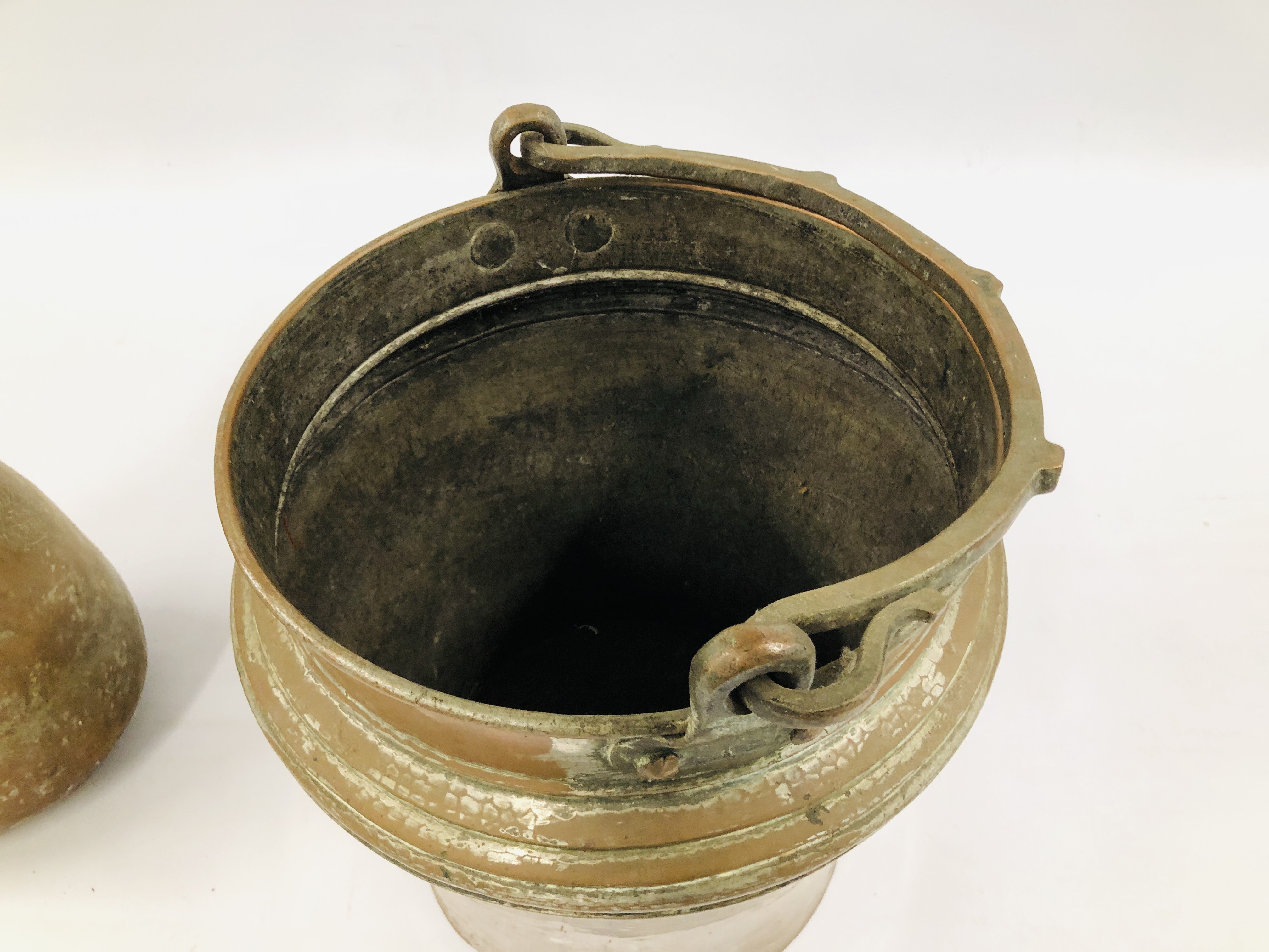 A LARGE MIDDLE EASTERN METAL WARE BUCKET, H 32CM AND SIMILAR WATER CARRIER, H 35CM. - Image 5 of 6