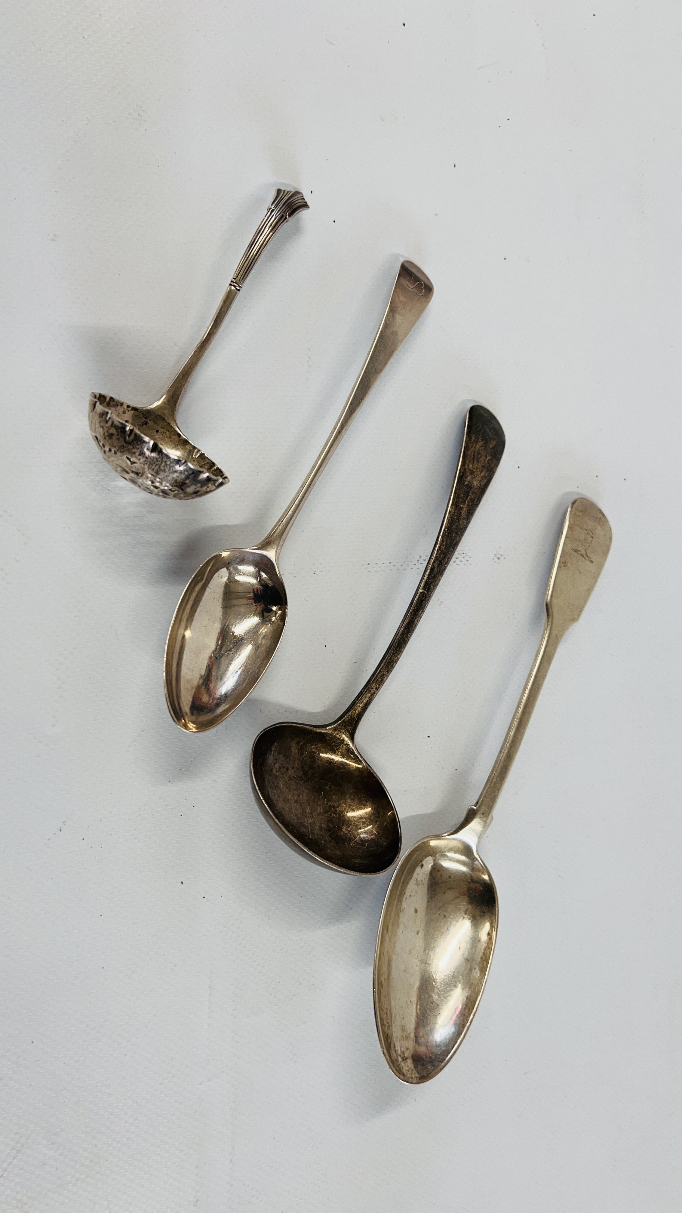 A SILVER DESSERT SPOON, PETER BATEMAN, LONDON 1796, ALONG WITH A GEORGE III SILVER SERVING SPOON,