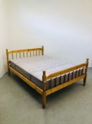 A MODERN HONEY PINE DOUBLE BED FRAME WITH MANDARIN AIR SPRUNG MATTRESS.