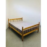 A MODERN HONEY PINE DOUBLE BED FRAME WITH MANDARIN AIR SPRUNG MATTRESS.