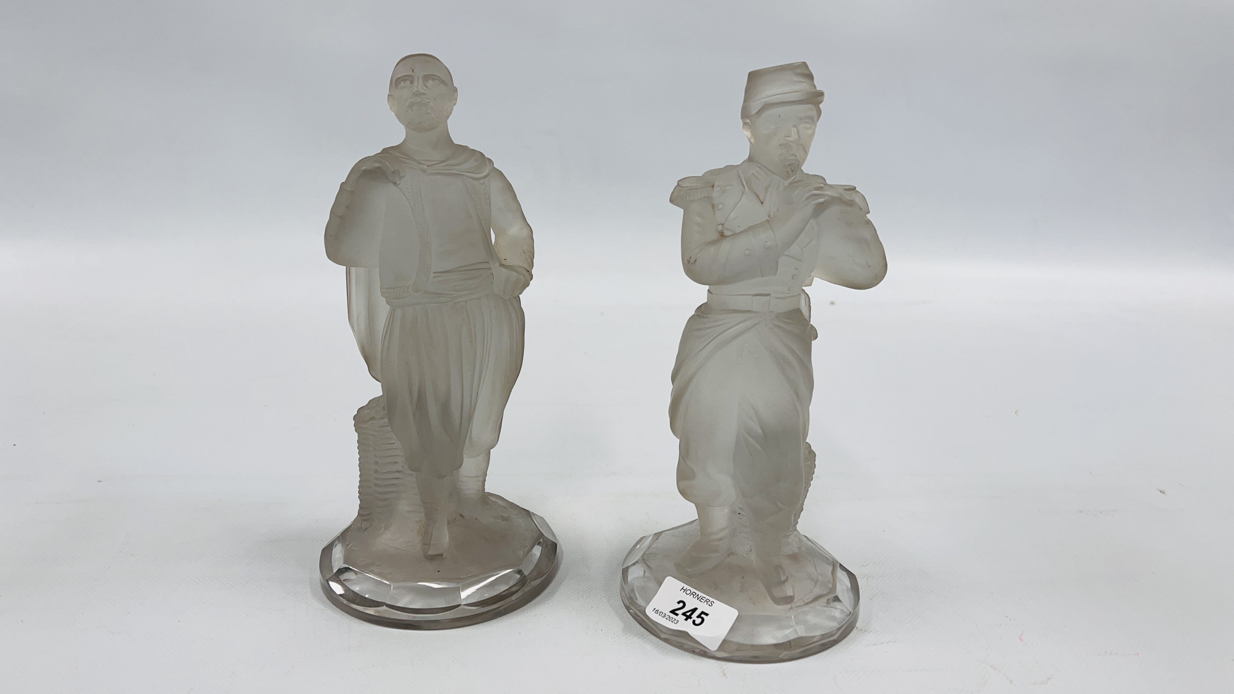 A PAIR OF C20TH FRENCH GLASS FIGURES OF A FRENCH LEGIONNAIRE AND AN ALGERIAN, 24CM HIGH. - Image 2 of 10