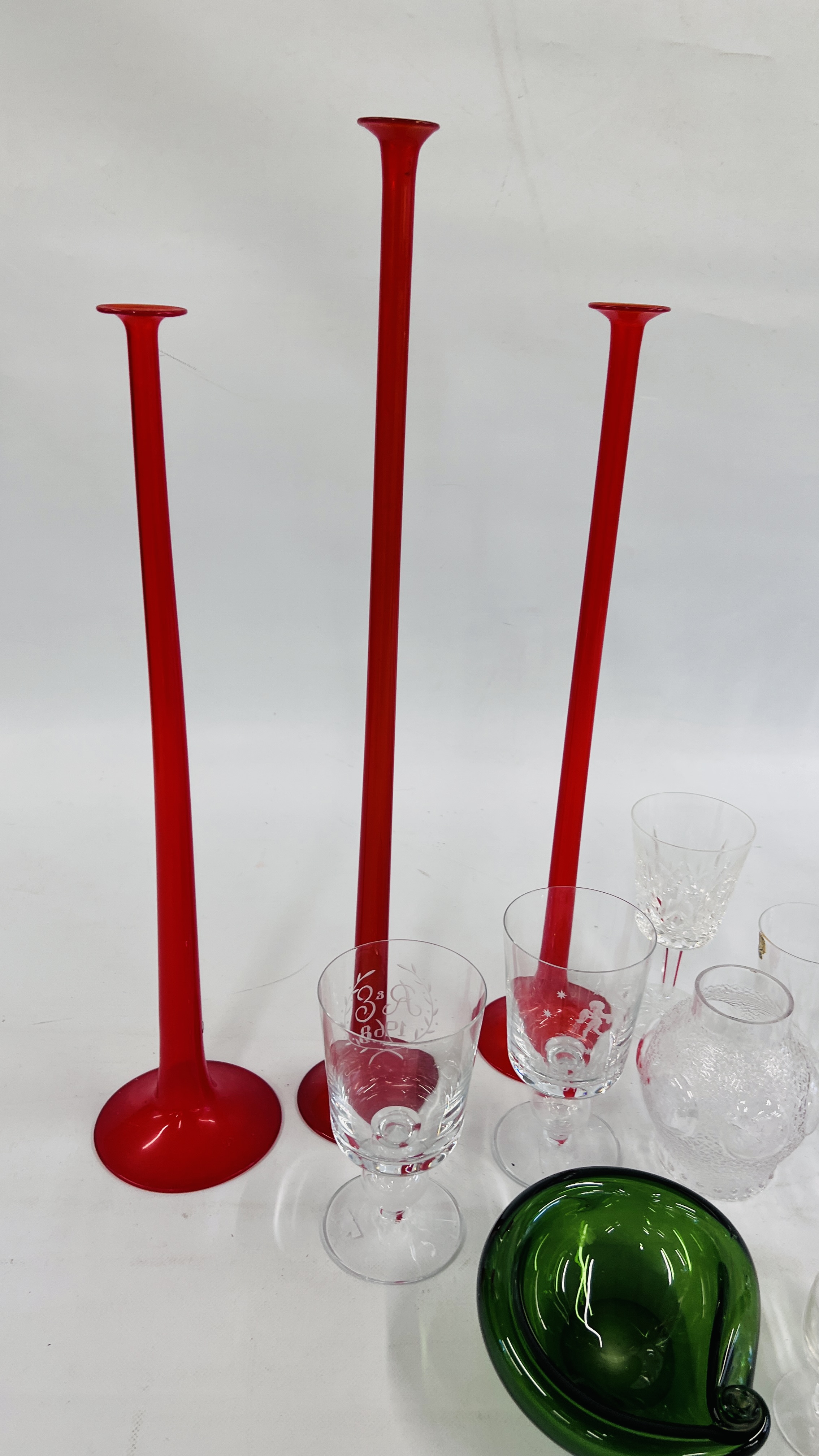 THREE RUBY GLASS LONG STEMMED HOLLOW CANDLESTICKS, THE LARGEST 60CM, - Image 7 of 7