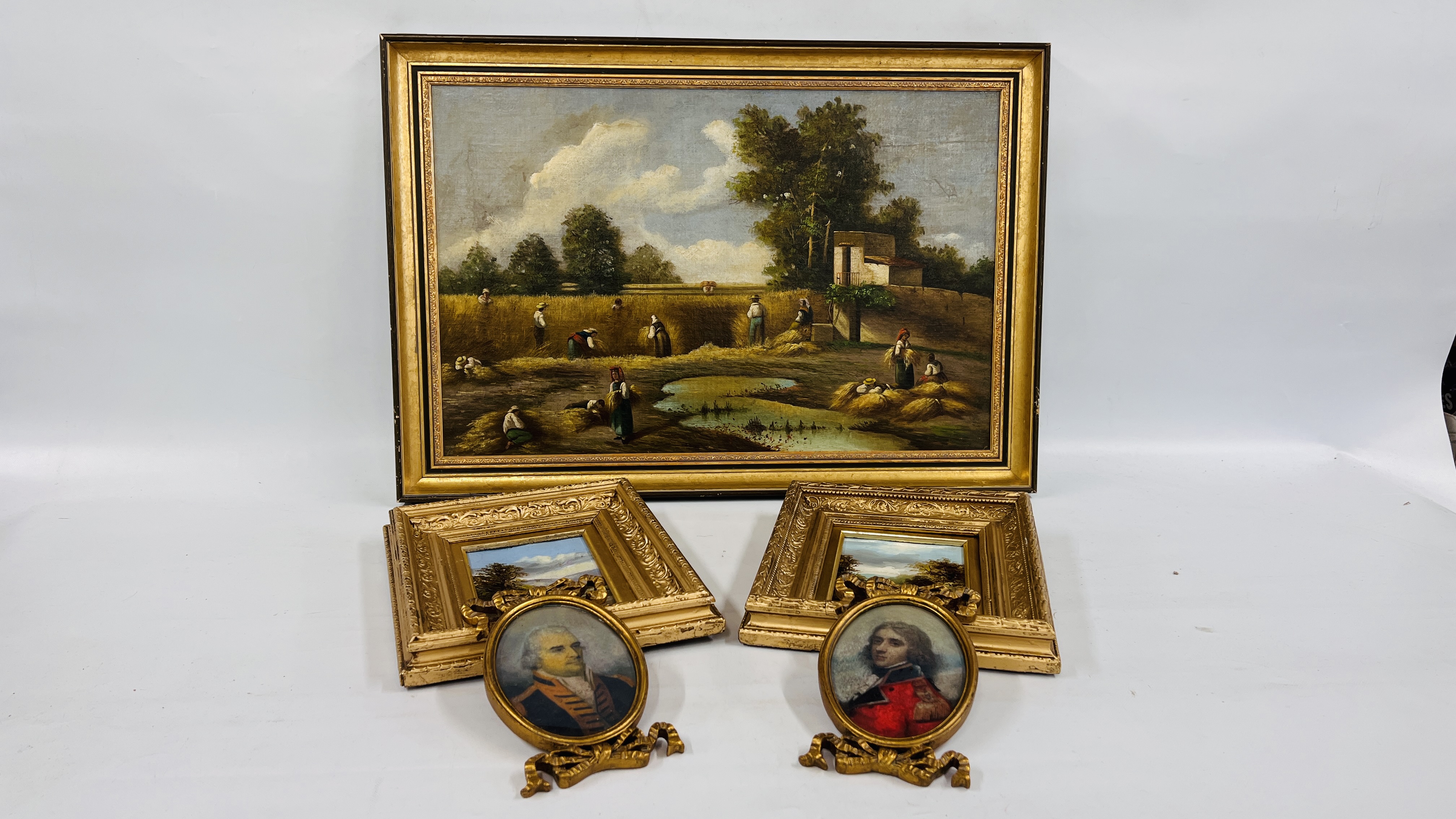 TWO GILT FRAMED OIL ON BOARD LANDSCAPES ALONG WITH FRAMED AND MOUNTED OIL ON BOARD ITALIAN WORKING