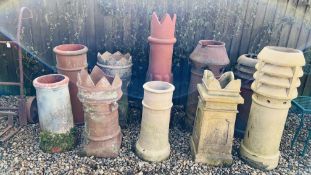 10 VARIOUS RECLAIMED CHIMNEY POTS VARIOUS DESIGNS TO INCLUDE CASTELATED THE TALLEST 110CM A/F