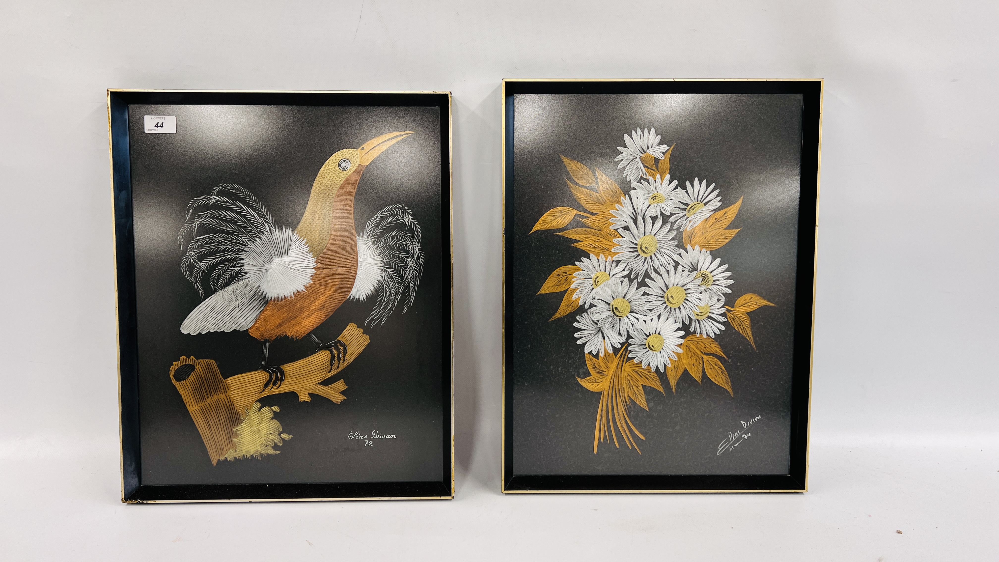 TWO FRAMED APPLIQUE CUT ART PICTURES - INDISTINCT SIGNATURES "BIRD OF PARADISE" AND FLORAL DESIGN.