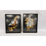 TWO FRAMED APPLIQUE CUT ART PICTURES - INDISTINCT SIGNATURES "BIRD OF PARADISE" AND FLORAL DESIGN.