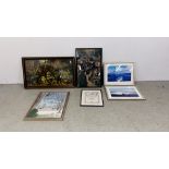 A GROUP OF FRAMED PICTURES AND PRINTS TO INCLUDE A BATTLE SCENE, CLASSICAL SCENE,