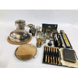 TWO BOXES OF ASSORTED PLATED WARE TO INCLUDE A COCKTAIL SHAKER, TROPHY CUPS AND TANKARDS,