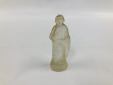 A RELIGIOUS GLASS FIGURE, NO VISIBLE MAKERS MARK, H 10CM.