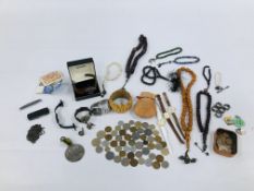A TRAY OF ASSORTED COLLECTIBLES, JEWELLERY, WATCHES,