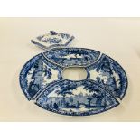 A GROUP OF FOUR MATCHING C19TH SPODE STYLE BLUE AND WHITE HORS D'OEUVRES DISHES / SERVER (REQUIRE