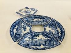 A GROUP OF FOUR MATCHING C19TH SPODE STYLE BLUE AND WHITE HORS D'OEUVRES DISHES / SERVER (REQUIRE