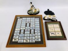 A FRAMED AND MOUNTED DISPLAY OF CHURCHMANS CIGARETTE CARDS DEPICTING GREYHOUND ALONG WITH FRAMED