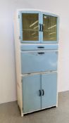 1950/60s BLUE AND WHITE FINISH KITCHEN UTILITY CABINET WIDTH 75CM. DEPTH 40CM. HEIGHT 180CM.