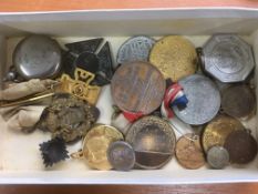 BOX VARIOUS MEDALLIONS, RAOB SILVER PRIMO MEDAL IN BOX ETC (APPROX 25).