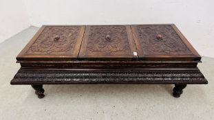 A CARVED VINTAGE THREE PANELLED TOP LOW CHEST, W 135CM, D 66CM, H 42CM WITH EACH LID BEING 40.