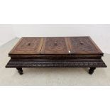 A CARVED VINTAGE THREE PANELLED TOP LOW CHEST, W 135CM, D 66CM, H 42CM WITH EACH LID BEING 40.