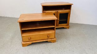 2 X SOLID PINE TELEVISION STANDS, W 77CM, D 43CM, H 68CM AND W 68CM, D 41CM, H 53CM.