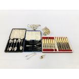 A CASED SET OF SIX GRAPEFRUIT SPOONS, CASED SET OF SIX CAKE FORKS AND SERVER,