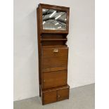 A VICTORIAN MAHOGANY SHIP'S WASH STAND WITH MIRRORED DOOR ABOVE - W 54CM X D 29CM X H 164CM.