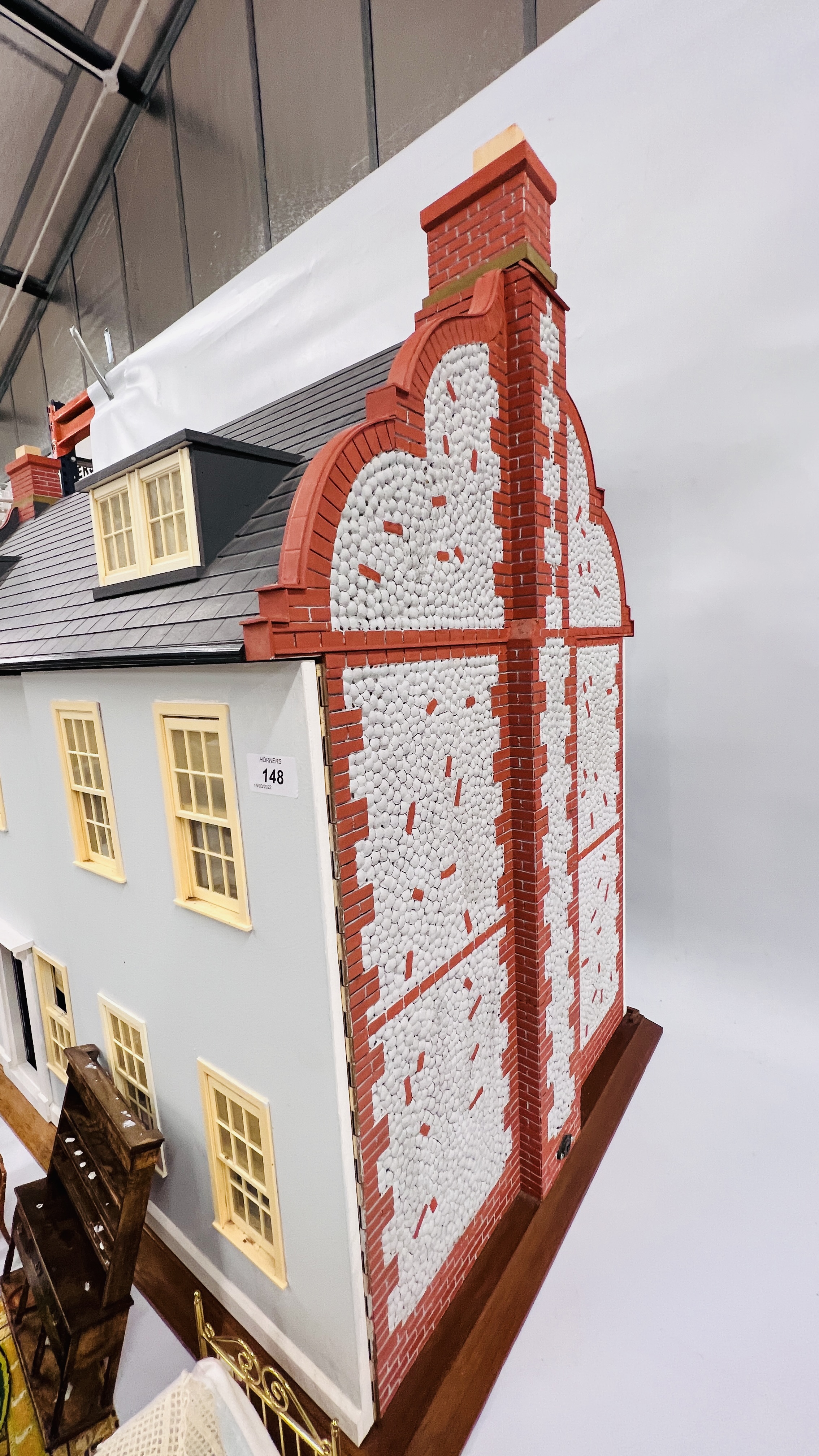 A LARGE DOLLS HOUSE WITH DUTCH GABLES AND ATTIC, BEDROOMS HOBART-COBBE, W 93CM, D 54CM, - Image 7 of 28