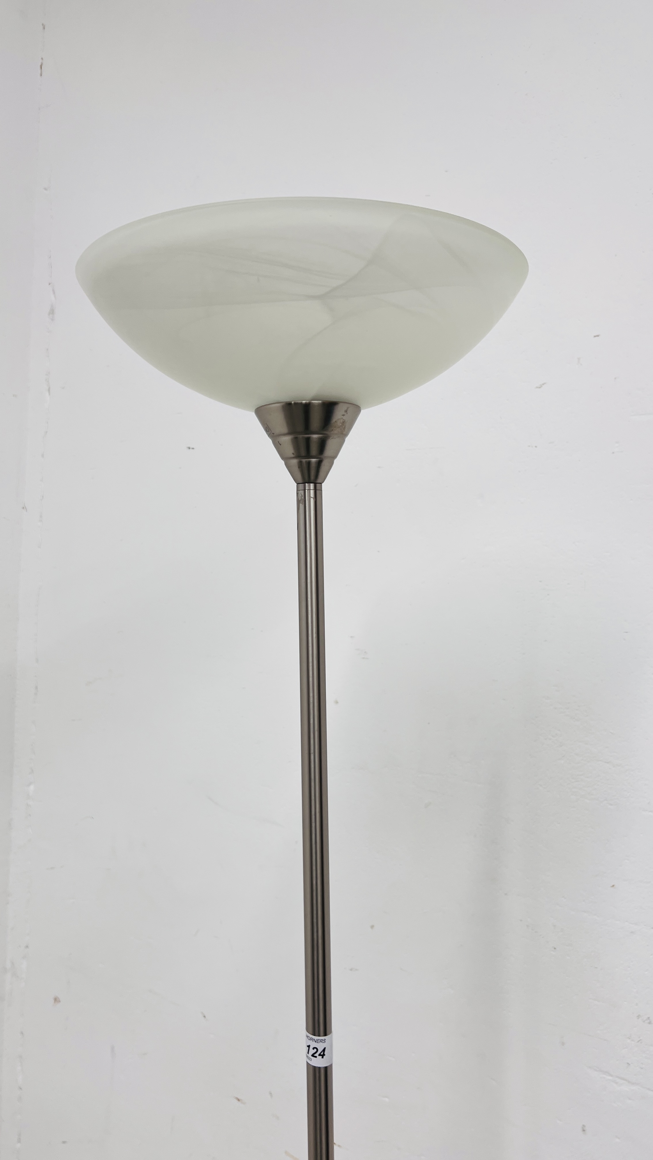 A CHROME FINISH STANDARD LAMP WITH GLASS SHADE - SOLD AS SEEN. - Image 2 of 4