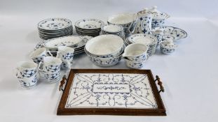 A COLLECTION OF GERMAN BLUE AND WHITE DINNER WARE COMPRISING VARIOUS PLATES, CUPS AND COFFEE POT,