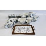 A COLLECTION OF GERMAN BLUE AND WHITE DINNER WARE COMPRISING VARIOUS PLATES, CUPS AND COFFEE POT,