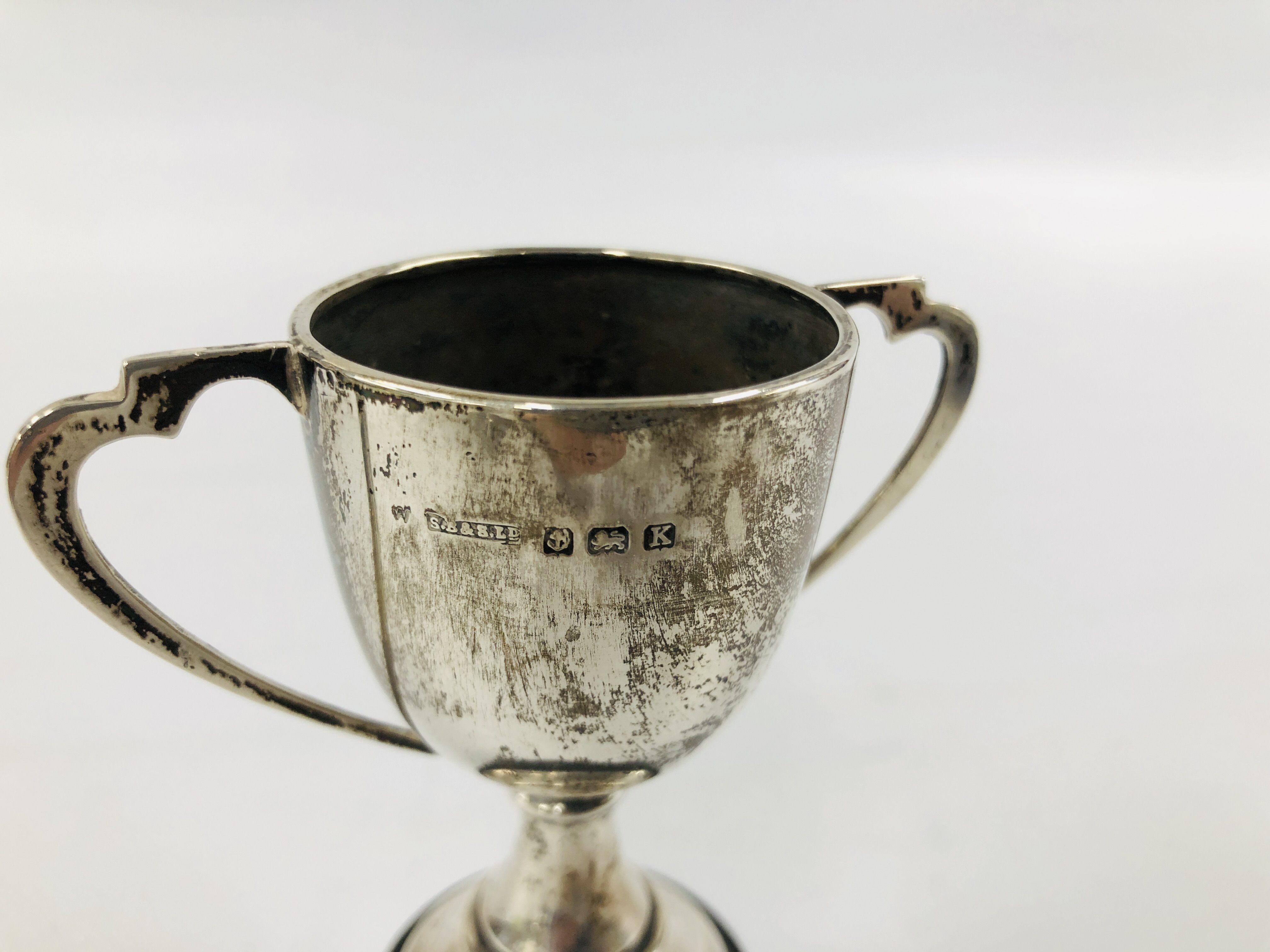 SILVER TWO HANDLED TROPHY CUP, BIRMINGHAM ASSAY ALONG WITH A VINTAGE SILVER PEDESTAL DISH / COMPOTE, - Image 11 of 14