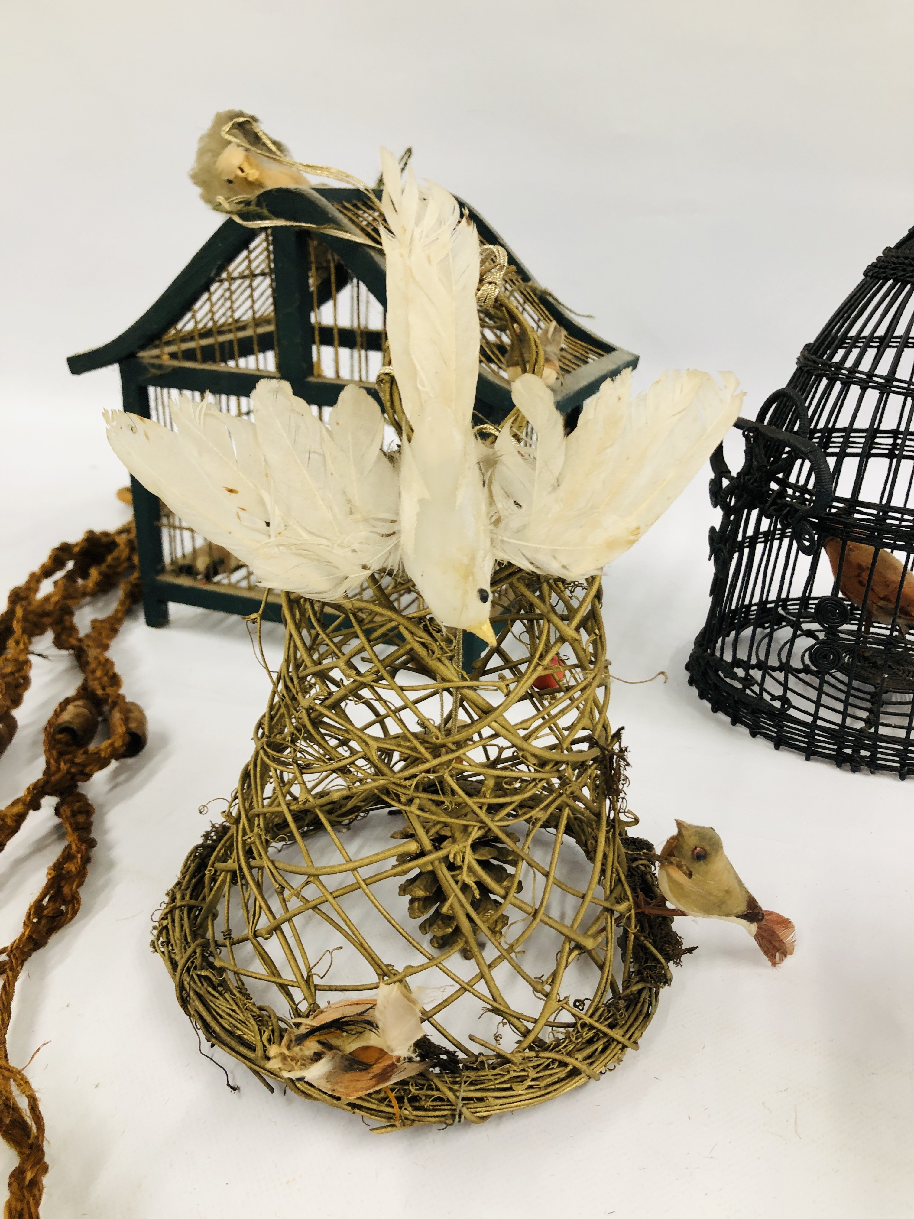 A GROUP OF THREE HAND CRAFTED VINTAGE STYLE BIRD CAGES AND A BELL, ETC. - Image 6 of 9