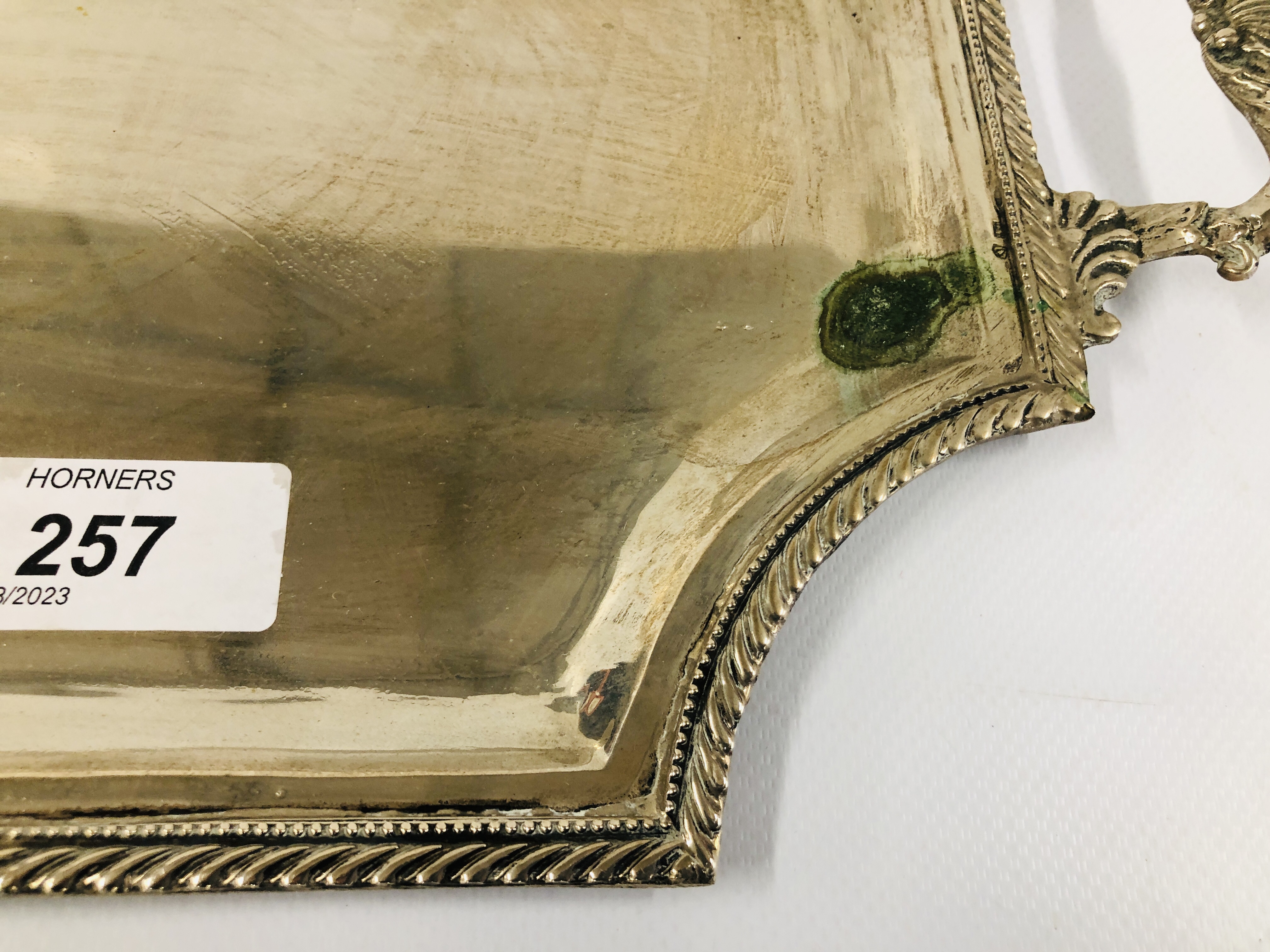 A CONTINENTAL WHITE METAL TWO HANDLED TRAY, L 43.5CM X W 23.8CM, INDISTINCT MARKS. - Image 7 of 13