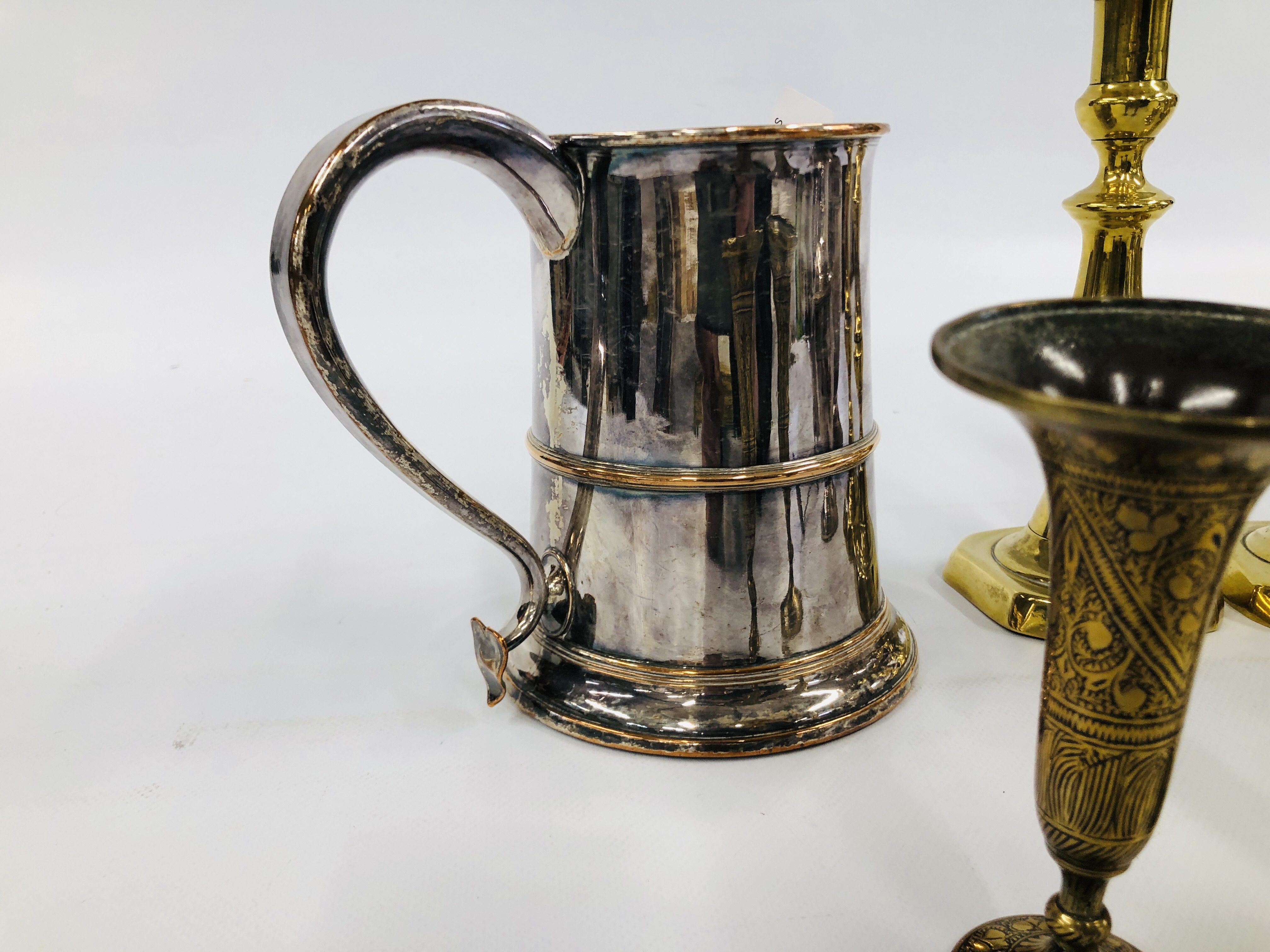 A PAIR OF BRASS CANDLE STICKS ALONG WITH A PAIR OF BRASS AND COPPER FLUTE VASES, LARGE SILVER PLATE, - Image 8 of 9