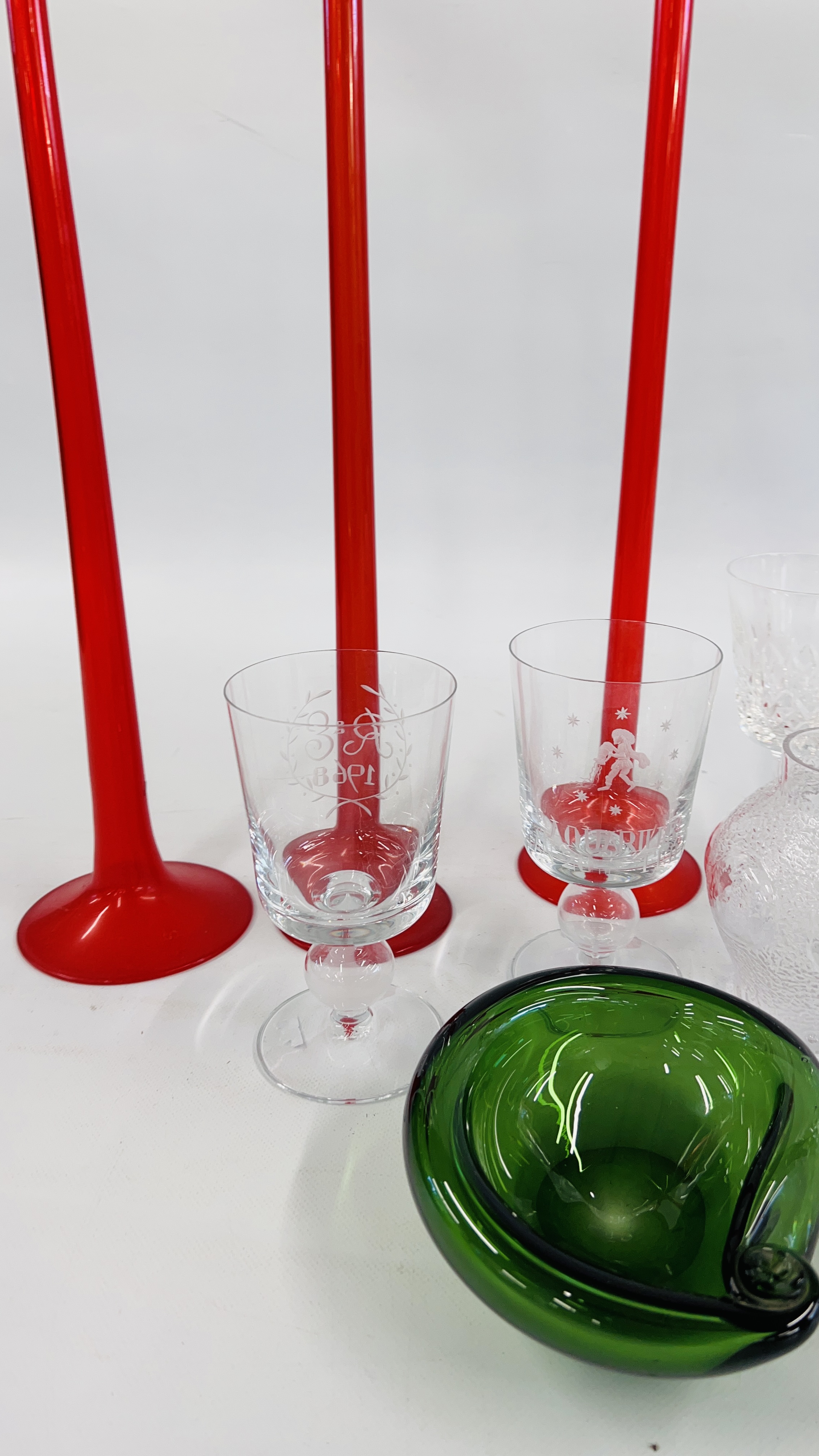 THREE RUBY GLASS LONG STEMMED HOLLOW CANDLESTICKS, THE LARGEST 60CM, - Image 6 of 7