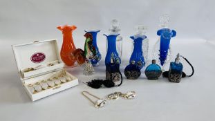 A GROUP OF FIVE ART GLASS VASES ALONG WITH A MURANO STYLE COCKEREL, THREE CLEAR GLASS DECANTERS,