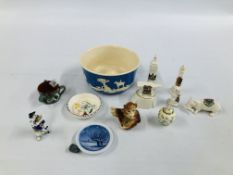 5 PIECES OF ASSORTED CRESTED WARE, POOLE POTTERY DISH, MINIATURE GINGER JAR, ROYAL COPENHAGEN DISH,